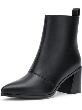 Women’s Black Pointed Toe Ankle Boots Chunky Block Heel Booties With Zipper